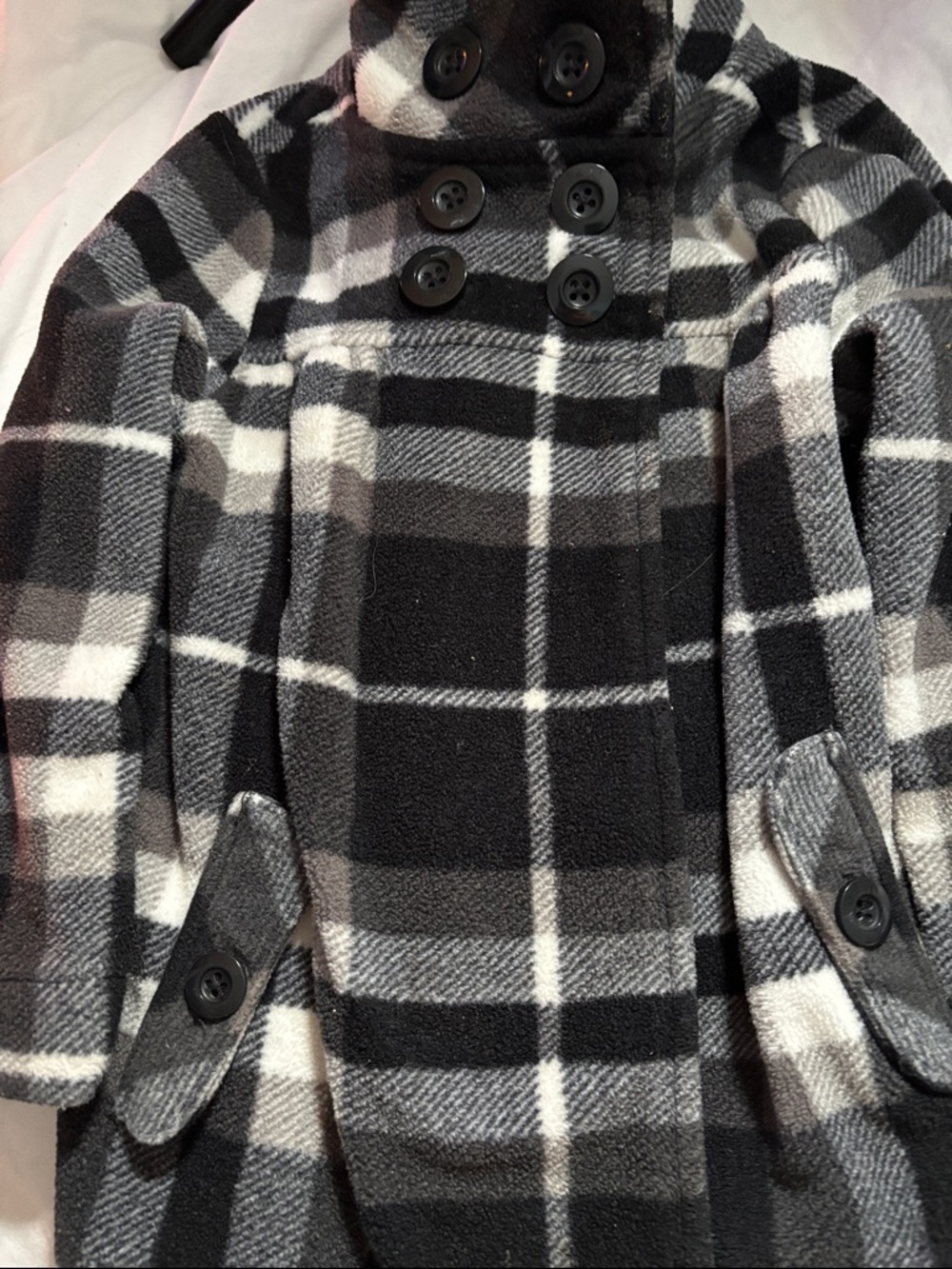 Old Navy Black, Gray & White Plaid Double-Breasted Pea Coat